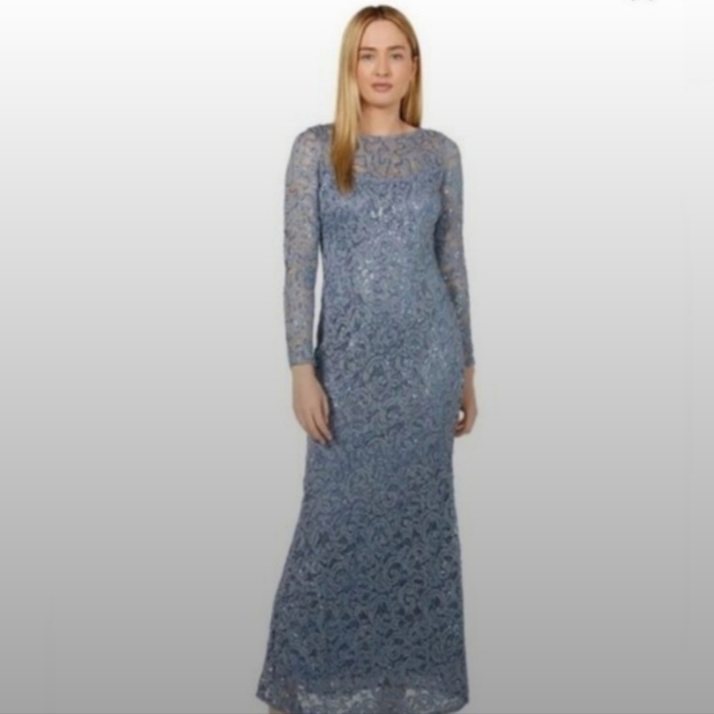 NWT! MARINA Elegant Blue Lace Evening Gown (M) MSRP $150 - Picture 2 of 9